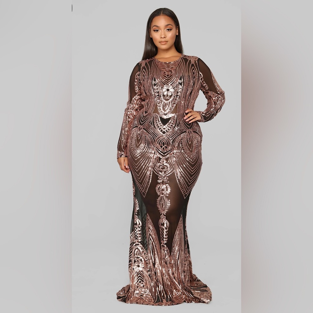 Fashion Nova: On the Red Carpet Sequin Black Mesh Rose Gold Gown Black Tie Dress